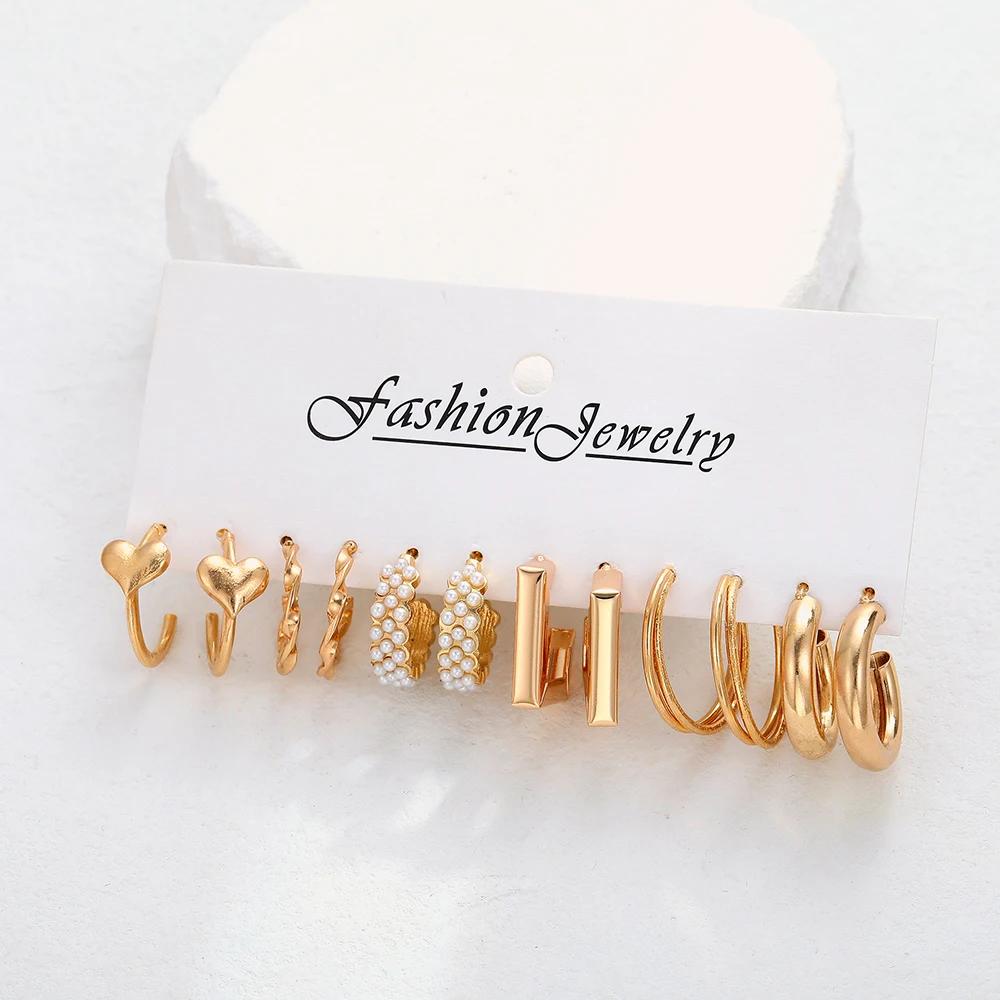 Boho Big Circle Hoop Earring Set for Women, Gold Color Bohemia Vintage Pearl Earring, Heart Zircon Ear Studs Jewelry Gifts