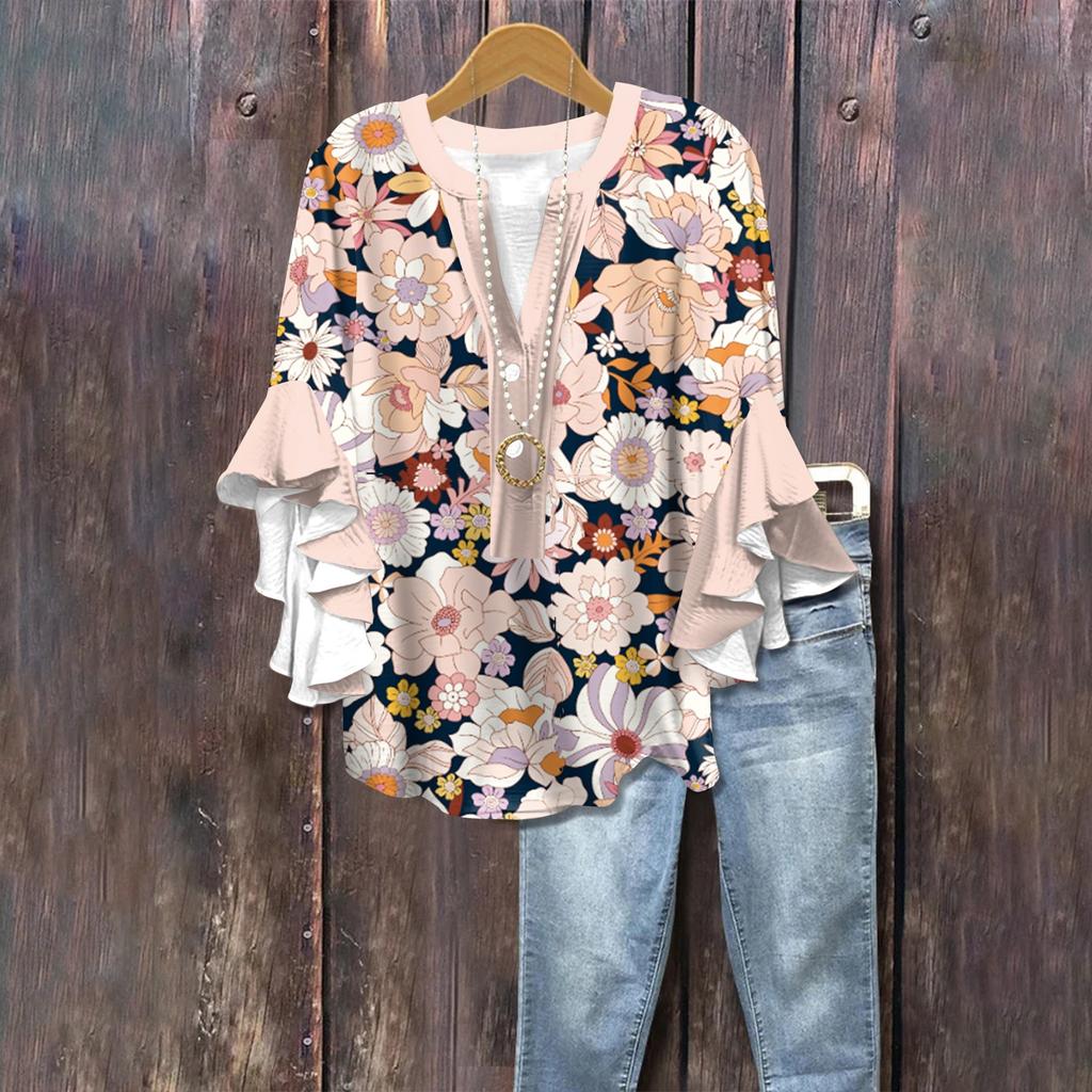 Summer Tops For Women Cute V Neck 3/4 Sleeve Blouses Floral Print Top Casual Shirts