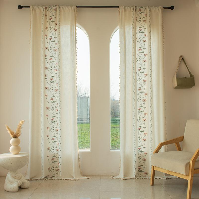 American Style Cotton Linen Fringe Embroidered Floral Semi Blackout Short Curtains for Living Room Bedroom Balcony Kitchen