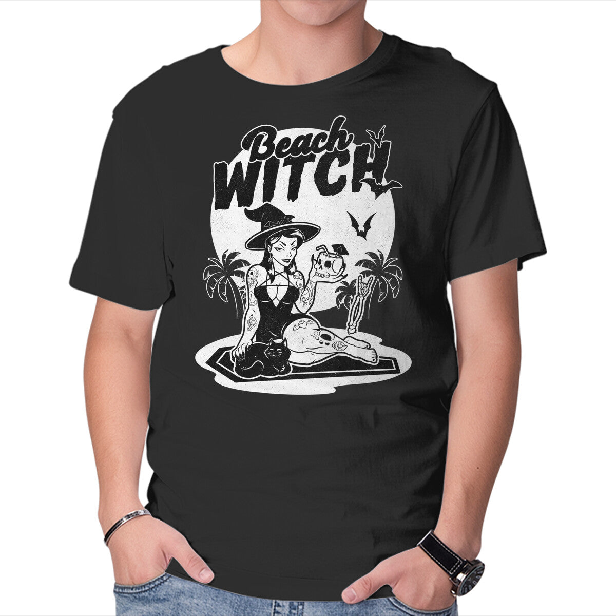 Unisex Crew Neck T-Shirt Beach Witch Goth Summer Graphic Short Sleeve Casual Tee XS