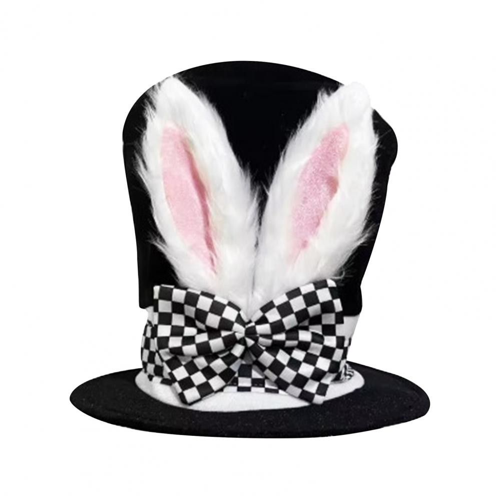 Easter Bunny Ear Top Hat for Women Men Adults Furry Rabbit Ear Hat with Checkered Bow Halloween Party Costume Easter Cosplay Hat чёрный