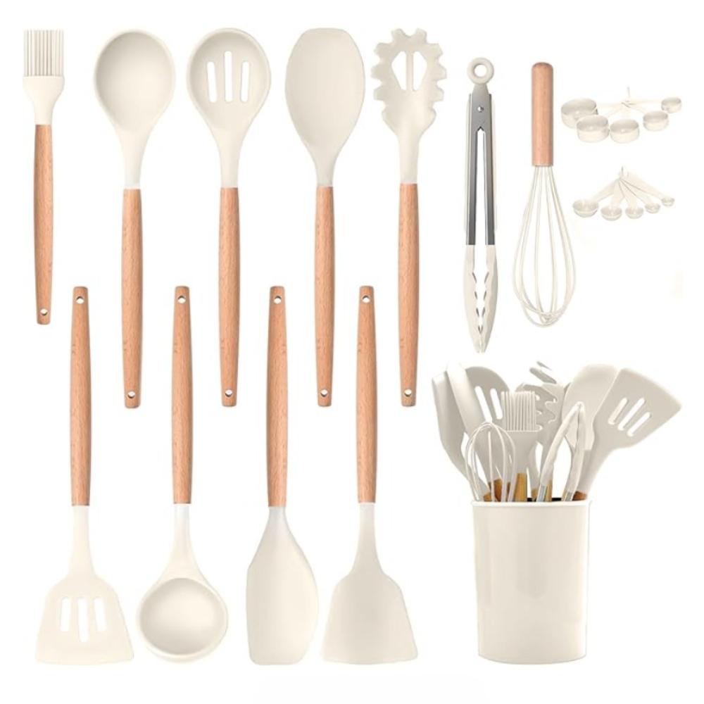 Cooking Utensils Set, 22 Pcs Heat Resistant Silicone Kitchen Utensils Spatula Set with Holder, Kitchen Gadgets Utensil Set for Nonstick Cookware White