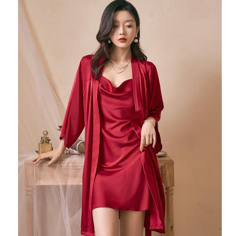 Ice Silk Long Sleeve Robe & Low-Cut Camisole Set - Spring/Summer Women's High-End Pajamas