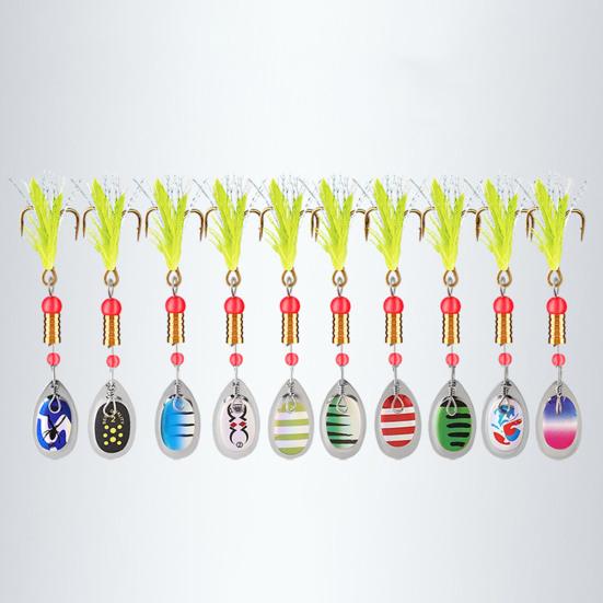 10Pcs 7.5CM/3G Spinner Blade Lure with Hook Feather Hard Metal Spinnerbait Rotating Sequin Lure Saltwater Freshwater Walleye Bass Fishing Accessories