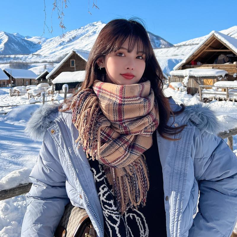 Korean Version of Japanese Fringed Plaid Scarf for Women's Autumn and Winter Imitation Cashmere Thickened Warm Neck Protection Scarf for Student 
