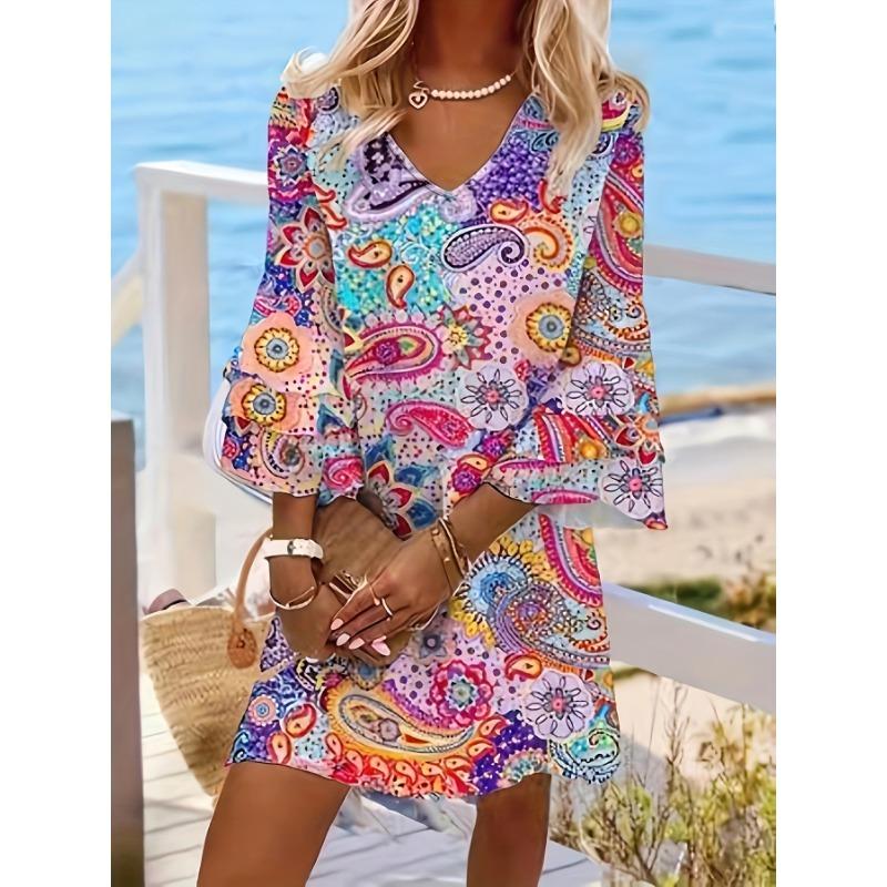S-5XL Abito a strati con stampa Paisley, abito da vacanza con scollo a V e maniche svasate, abbigliamento da donna