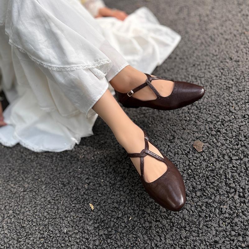 Johnature Cross Belt Mary Jane Shoes Genuine Leather Flats Round Toe Soft Soled Women's Shoes