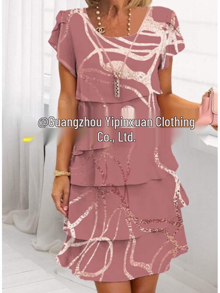 European and American 3D Print Short Sleeve Chiffon Dress