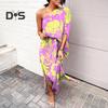 Women's One Shoulder Maxi Dress Batwing Sleeves Floral Printed Split Long Dress Pleated High Waist Cocktail Party Dress