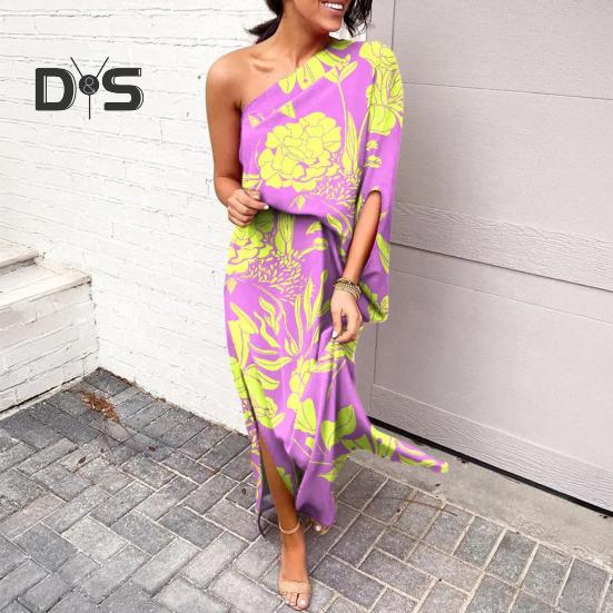 Women's One Shoulder Maxi Dress Batwing Sleeves Floral Printed Split Long Dress Pleated High Waist Cocktail Party Dress