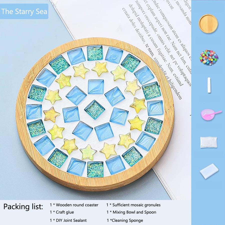 DIY Glass Mosaic Tile Kit - Mixed Colors Wooden Coaster Set for Adults, Craft Supplies for Home Decor & Gift Making