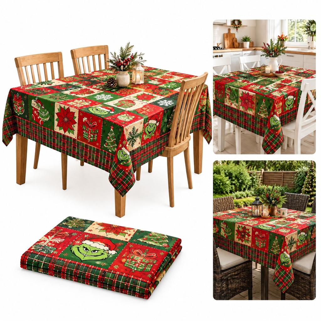 Christmas Tablecloth with Cute Pattern Print, Festive Holiday Party Decoration Table Cover
