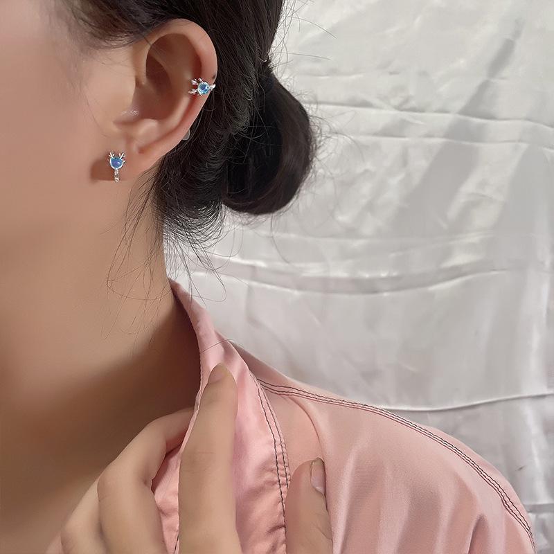 Blue Rhinestone Reindeer Ear Cuff - No Piercing Required, Festive Fashion Antler Clip