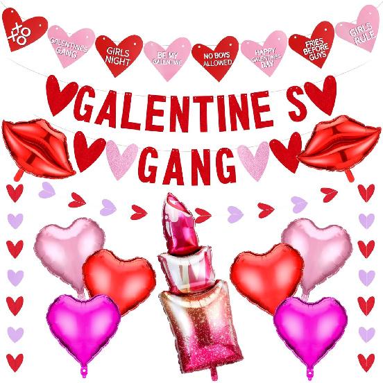 12 Pcs Galentines Day Decorations Galentines Day Balloons Includes Lips Lipstick Balloons Heart Balloons Glitter Banners XOXO Balloon Galentines Day