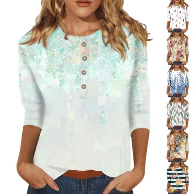 Women's Fashion Casual New Button Round Neck 3/4 Sleeve Loose Printed T-Shirt Ladies Top
