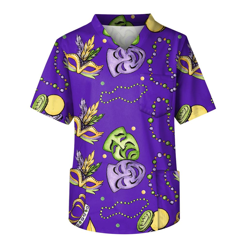 Men's Short Sleeve V Neck Mardi Gras Carnival Theme Clothing Party Mask Pattern Chest Pocket Caregiver Top