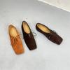 Johnature Square Toe Loafers Frosted Cowhide Versatile Handmade Lace-up Genuine Leather Women's Flat Shoes