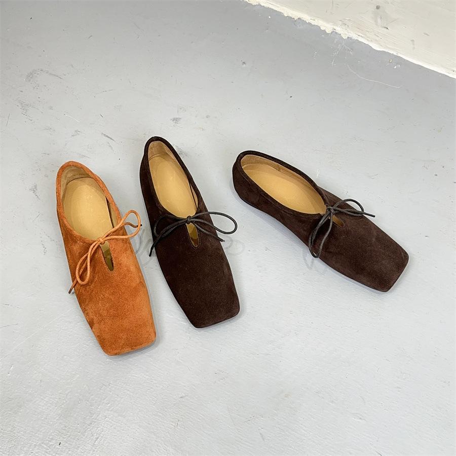 Johnature Square Toe Loafers Frosted Cowhide Versatile Handmade Lace-up Genuine Leather Women's Flat Shoes
