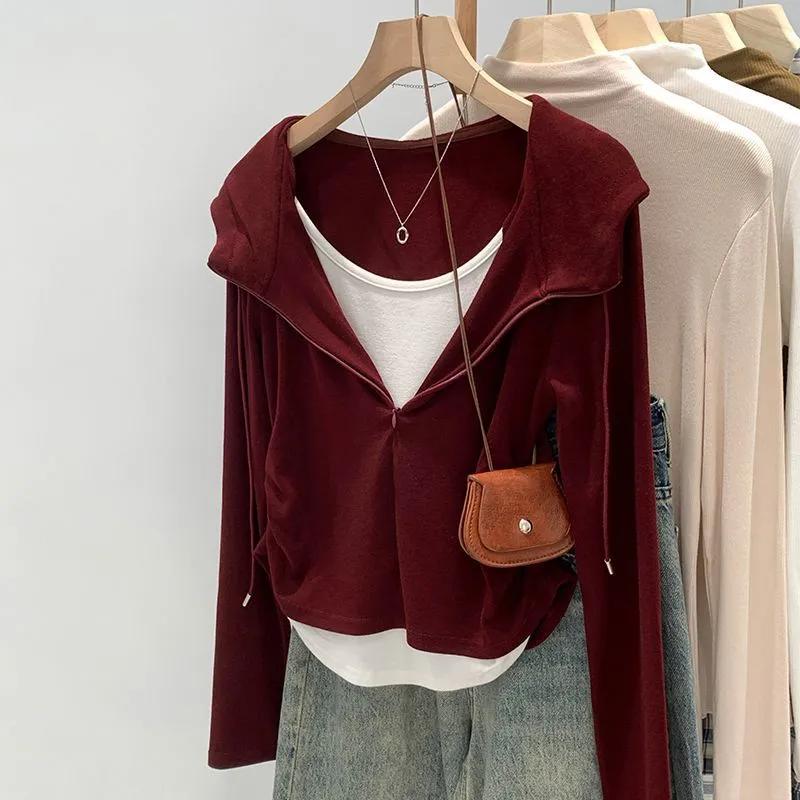 

Women s Fake Two-piece Hooded Long-sleeved T-shirt Irregular Top L червоний
