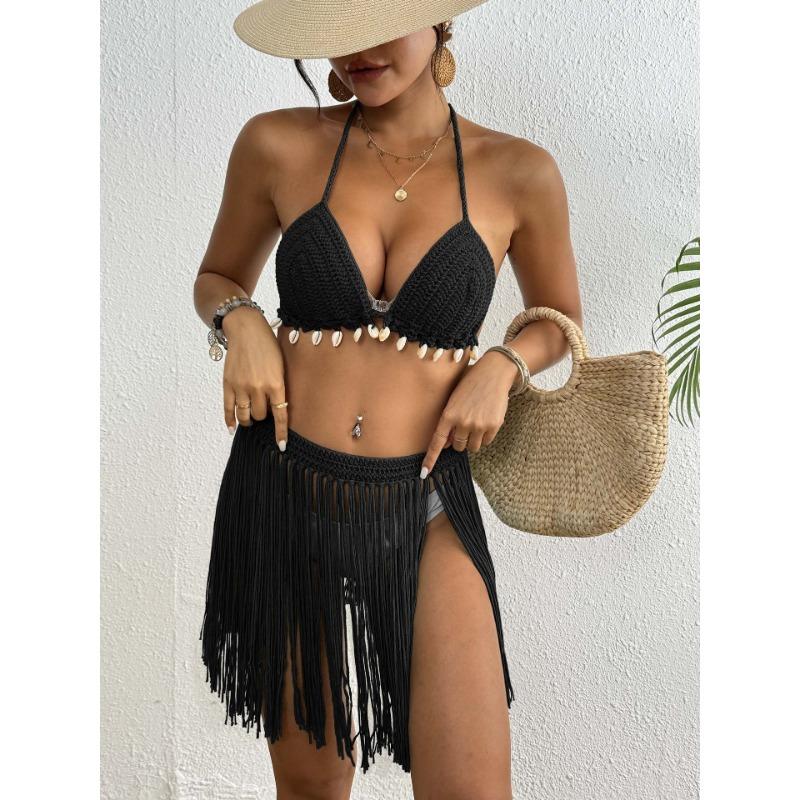 Damen Pure Hand Hook Stitching Strap Fransenrock Bikinioberteil Zweiteiliges Set