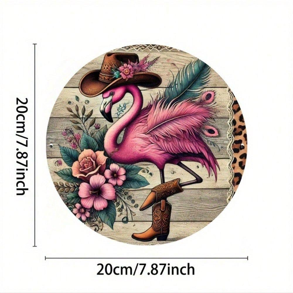 Retro Cowboy Flamingo Metal Sign, 8x8 Inch Round Tin Art for Home Bar Kitchen Wall Decor