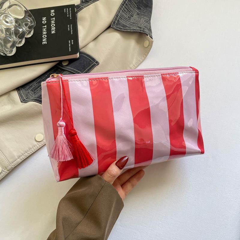 Striped Tassel Pendant Cosmetic Bag Waterproof Large Capacity PVC Toiletry Pouch for Weekend Getaway