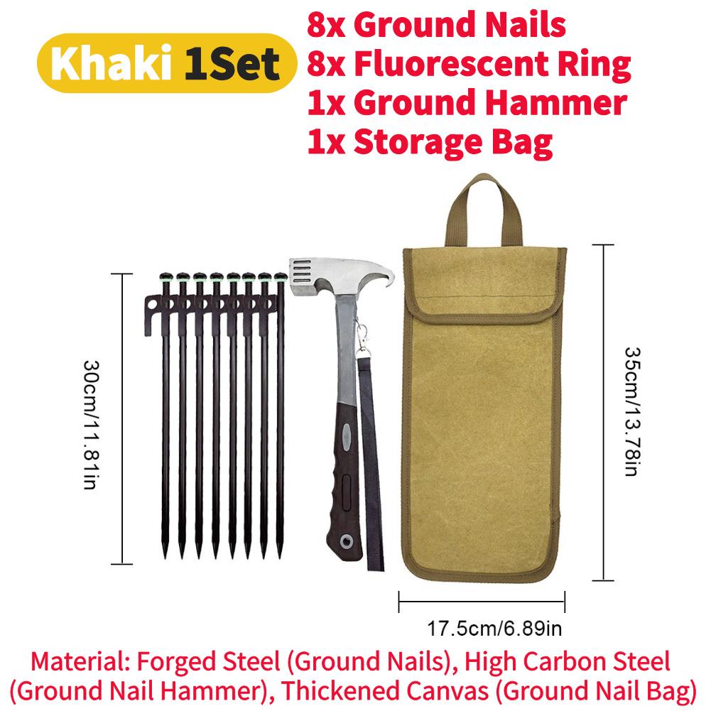 Camping Tent Legs and Hammer Sets Tent Stakes Pegging Ground Nails 30cm Length with Storage Bag Outdoor Camper Tourist Supplies