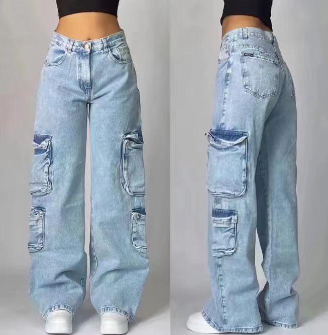Women s Plus Size Wide Leg Cargo Jeans - Summer Trendy Loose Fit L синий