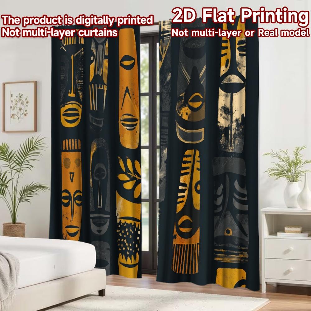 2D flat printing 2pcs Curtain Window Curtains Tribal Mask Art Digital Printed Polyester Drapes Family Party Decoration Perfect
