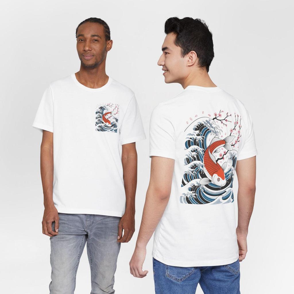 Japanese Koi Fish Shirt, Great Wave Aesthetic Tee, Sakura Cherry Blossom Graphic, Front and Back Print, Ukiyo-e Streetwear, Zen Art Shirt