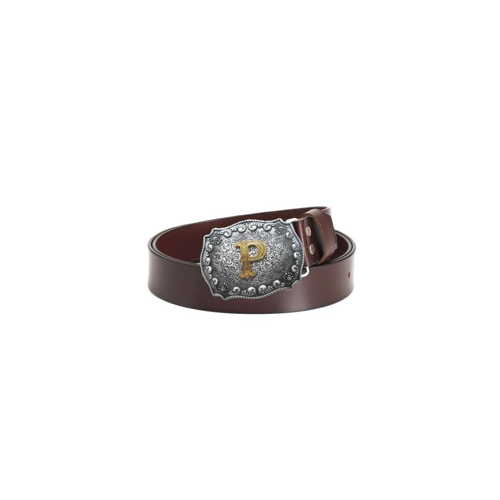Men's Retro Leather Belt with Alloy Buckle, Two-Layer Cowhide, Simple P Letter Design