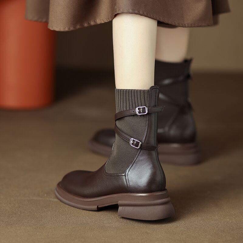 Martin boots children's autumn round head fly-knitting splicing cross belt buckle high-end fashion thin boots