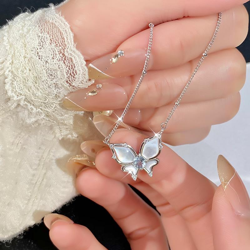 S925 Sterling Silver Butterfly Necklace, Inlaid Natural Crystal, Multi-color Optional, Elegant Clavicle Chain Jewelry for Women, Gift for Girlfriend