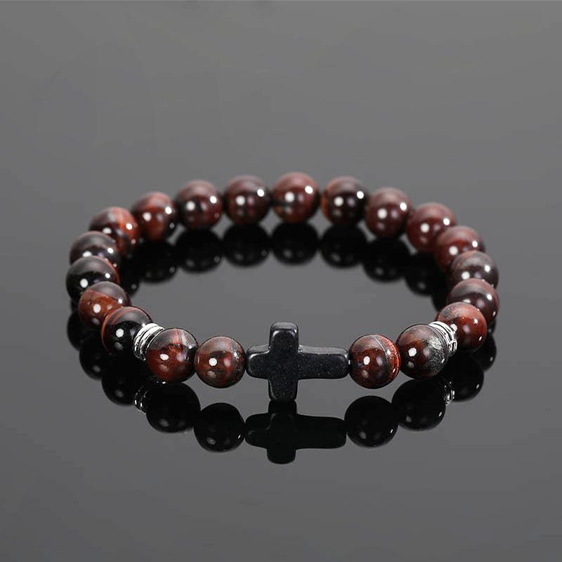 Natural Tiger Eye Quartz Turquoise Volcanic Stone Elastic Beaded Bracelets for Men Women Personality Cross Bracelet Jewelry Gift