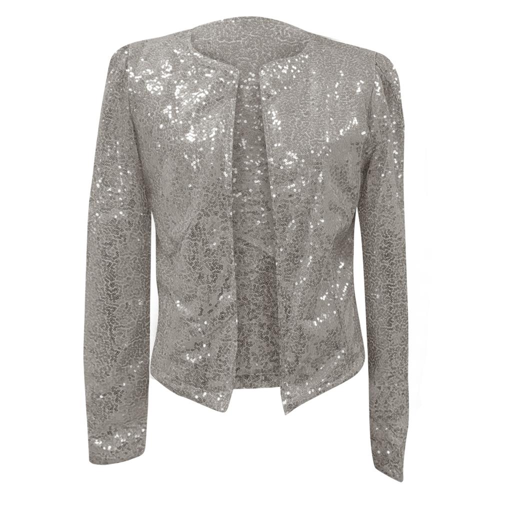 Women's Cardigan Long Sleeve Shiny Sequin Coat Open Front Casual Female Jacketc