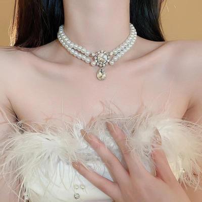 Doppelreihige Perlenkette im Retro-Palaststil mit Diamanttropfen – elegante Schlüsselbeinkette für einen stilvollen Look