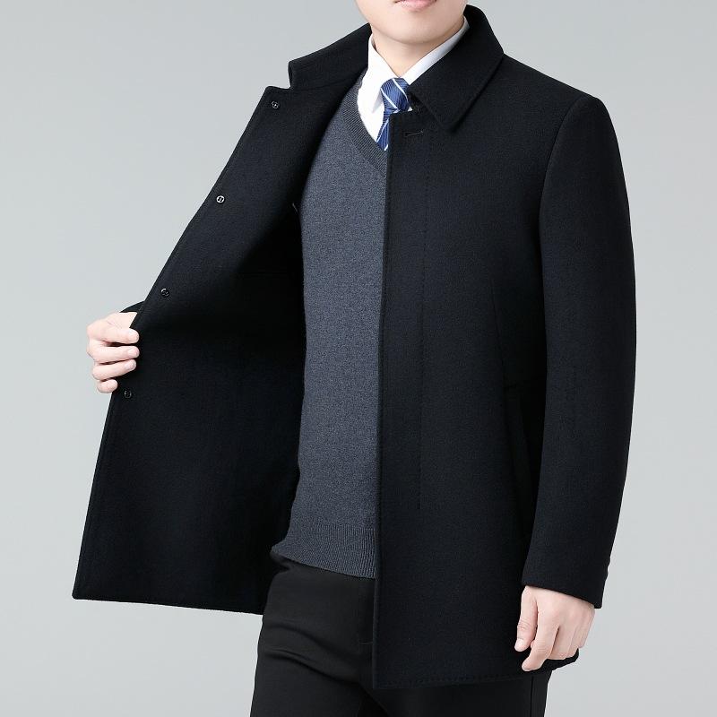 Double-sided Cashmere Coat for Men, Medium-length Woolen Woolen Autumn and Winter Thickened Middle-aged Dad Woolen Lapel Coat
