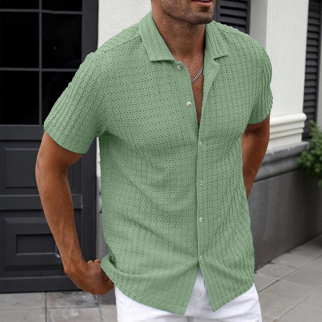Men's Casual Short Sleeve Shirt Button Down Lightweight Knit Fabric Open Collar Summer Top Comfortable Fit