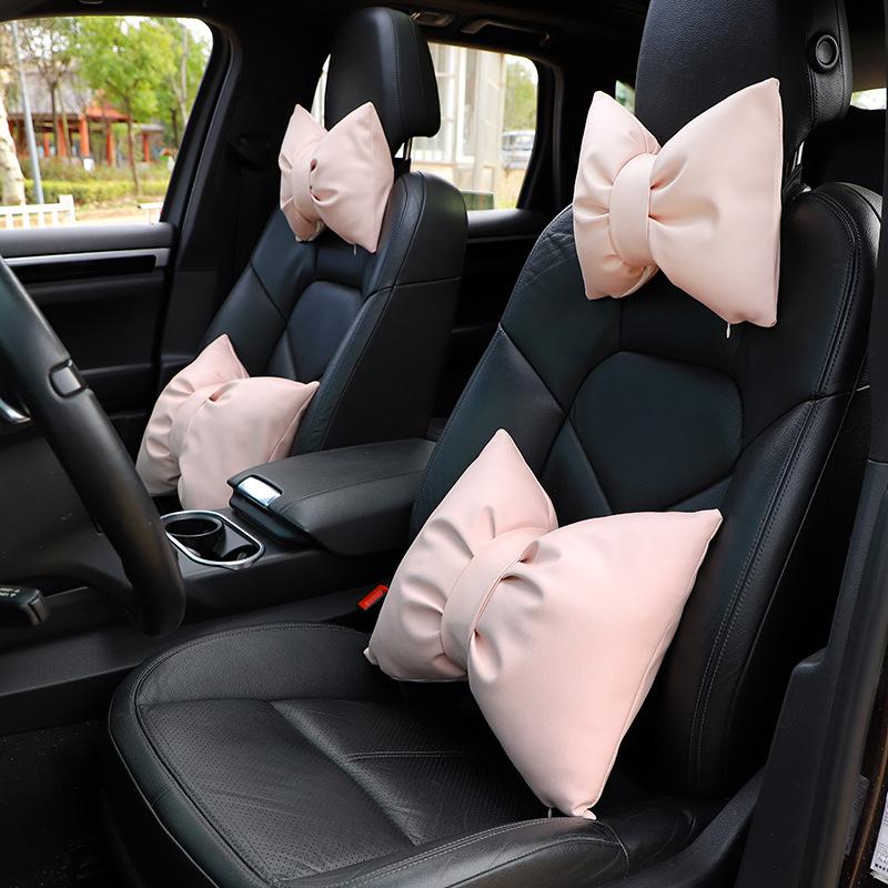 Creative Bowknot PU Leather Car Seat Pillow Pink/White/Black Car Headrest Neck Pillow Cotton Comfort Cushion Car Interior