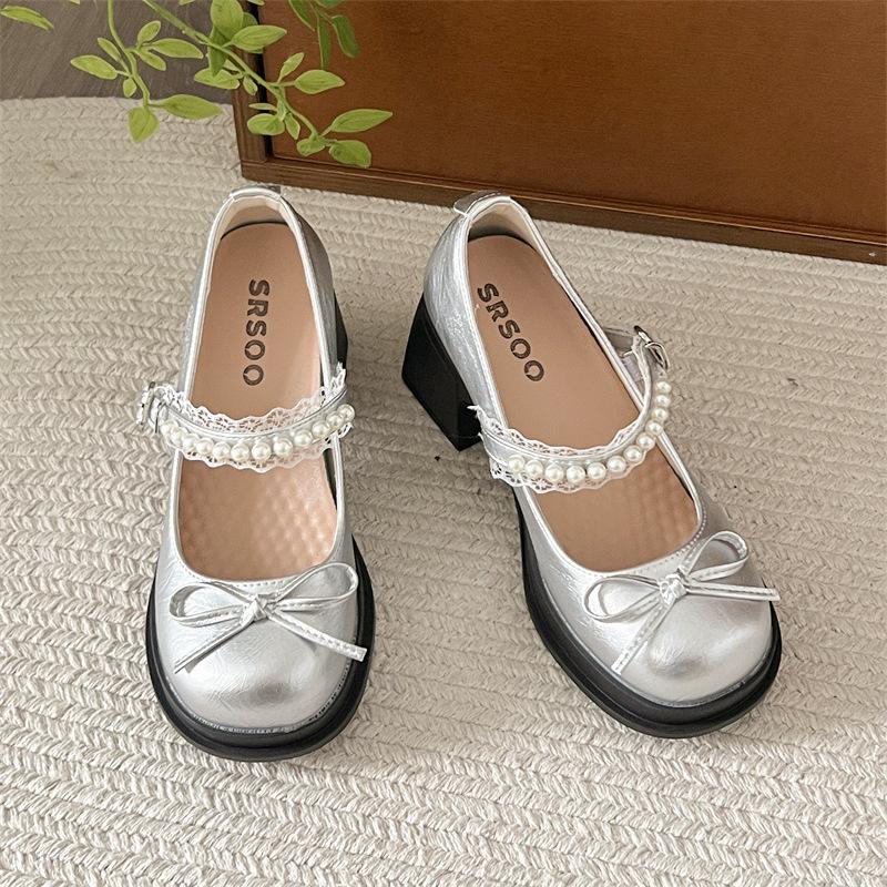 

Французский бант жемчуг одно слово маленькие кожаные туфли женские 2025 новые туфли на высоком каблуке женские туфли толстая подошва на платформе толстый каблук одинарные туфли 40 серебряный