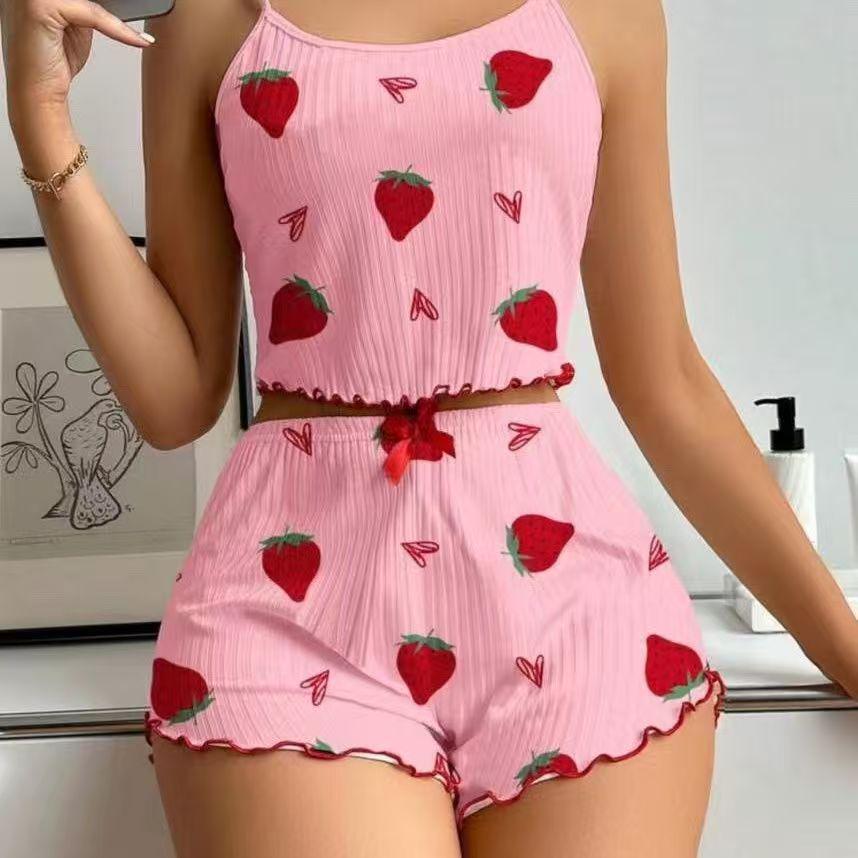 

European & American Women s Ribbed Knit Heart Print Camisole and Shorts Set Large рожевий/суничний