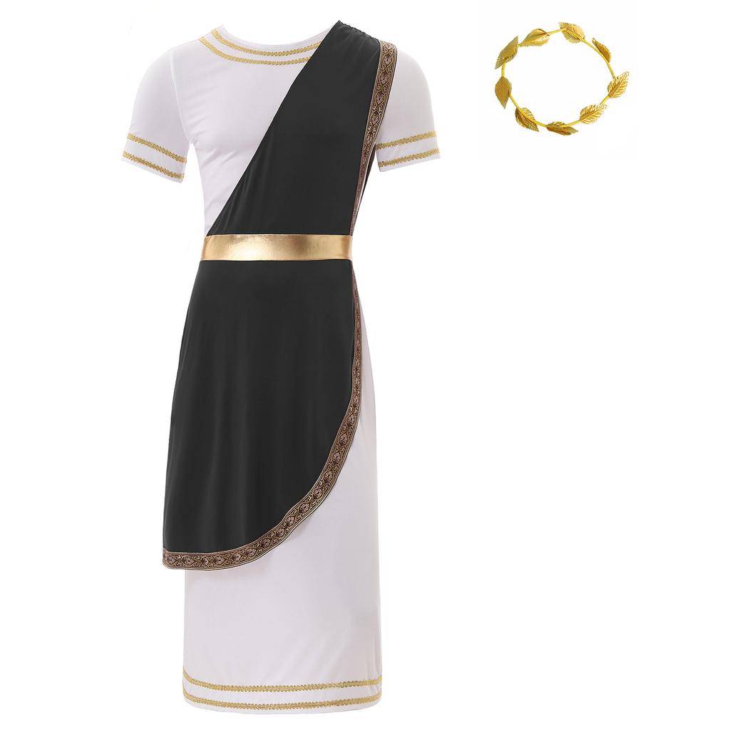 Mens Ancient Greek Toga Costume Short Sleeve Retro Gold Trim Roman Robe Headband Cosplay