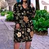 Women Plus Size V Neck Long Sleeve Black Red Rose Floral Printed Fitted Dress