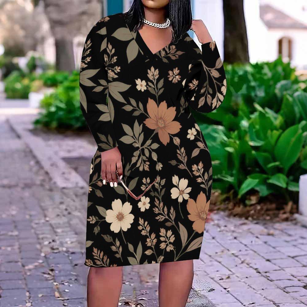 Women Plus Size V Neck Long Sleeve Black Red Rose Floral Printed Fitted Dress