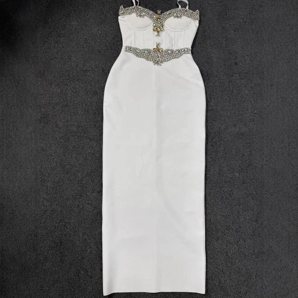 Elegant Beaded Strappy Slit Bandage Evening Gown