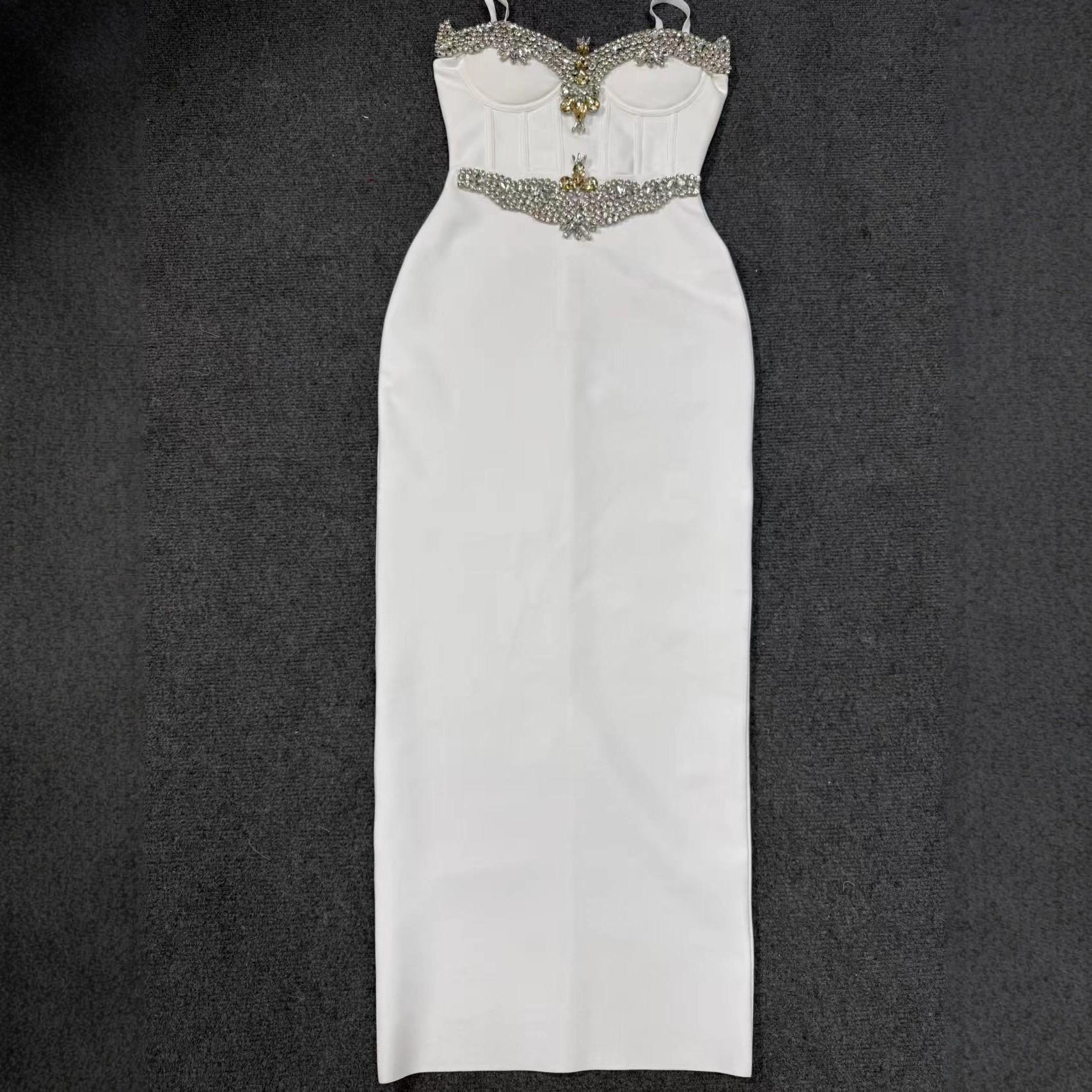 Elegant Beaded Strappy Slit Bandage Evening Gown Medium белый