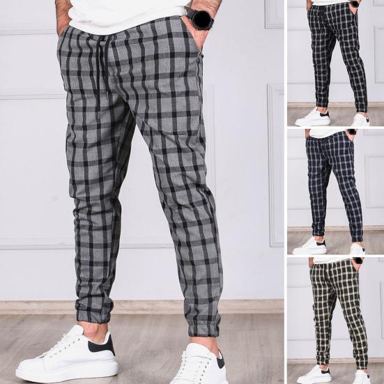 Men Pants Color Matching Plaid Print Drawstring Elastic Waist Ankle-banded Pockets Mid