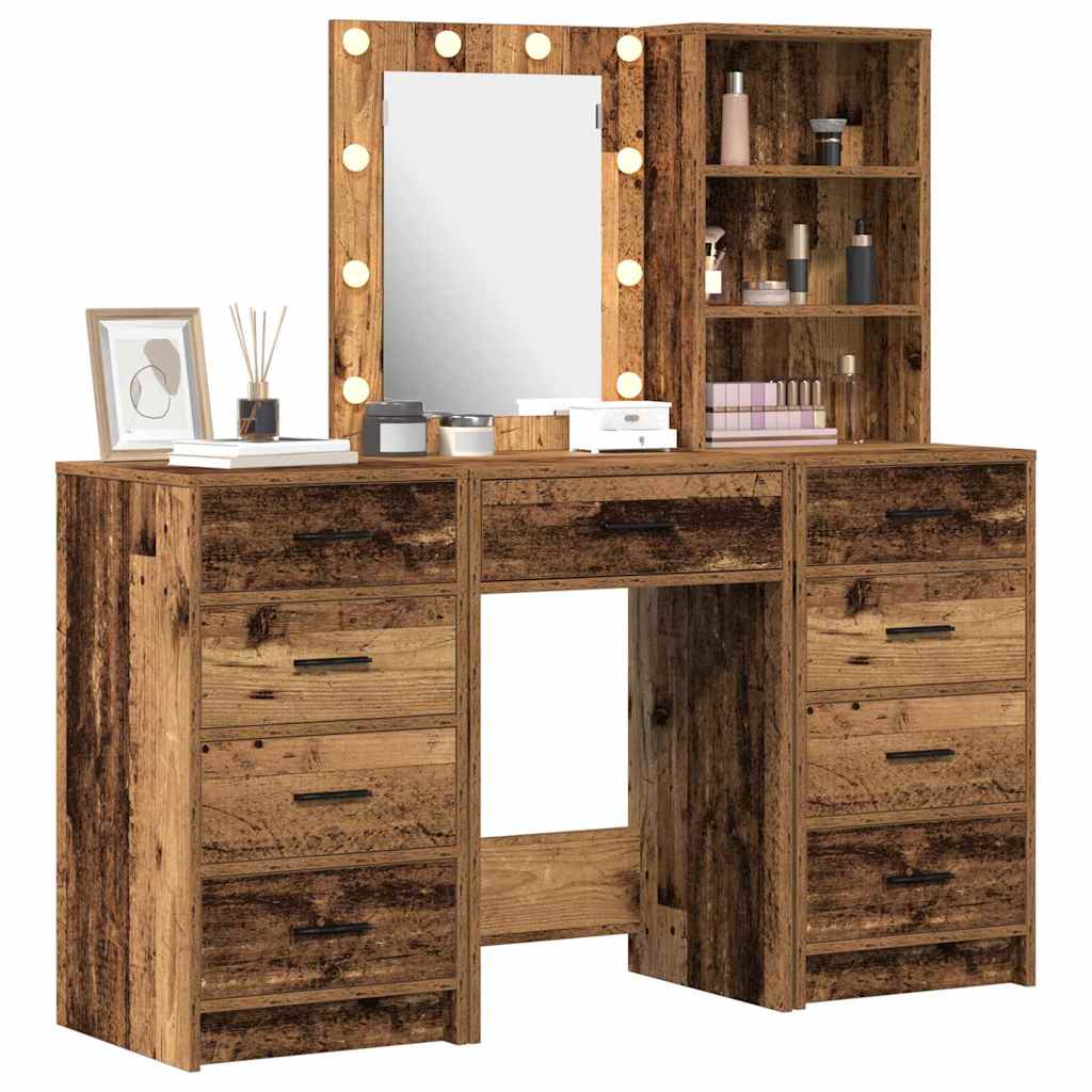 Makeup Table with Mirror Lighting (3 pcs) Brown Particleboard