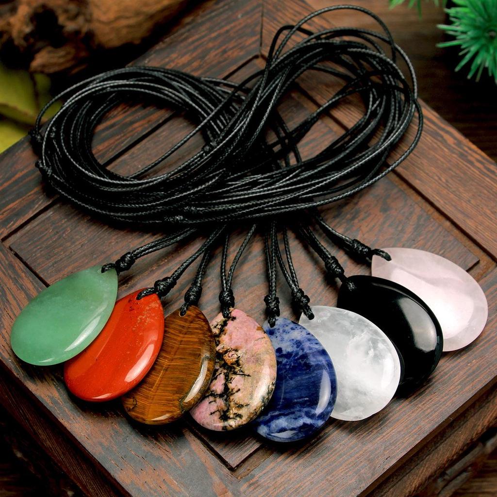 Unisex Tiger Eye Leather Cord Necklace with 25x35mm Natural Stone Water Drop Pendant