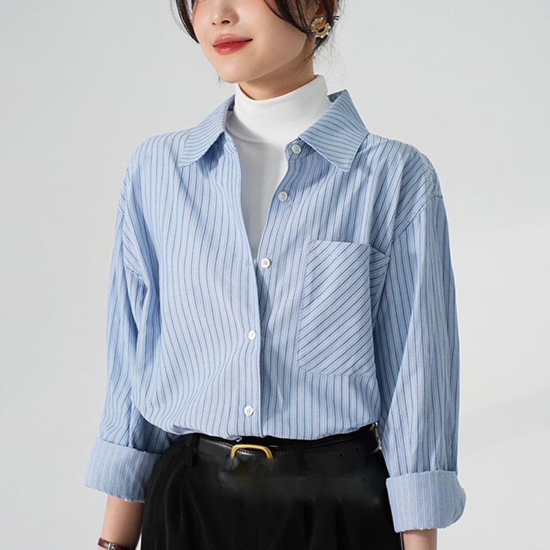 

Женская синяя рубашка в полоску - Дизайн Весна 2025, Профессиональная многослойность для поездок на работу Medium